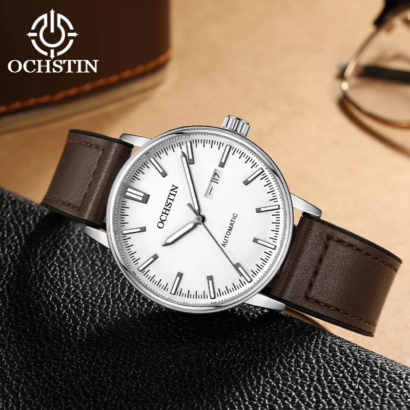 

OCHSTIN Classic Mechanical Men Watch Automatic Date Week Day Male Clock Silicone Leather Strap Simple Business Dress Wristwatch
