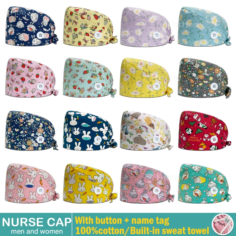 Cartoon Rabbit Pattern Nursing Scrub Hat Unisex 100% Cotton Work Cap Soft Breathable Veterinary Surgery Hat Nursing Accessories