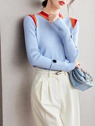 French Fashion Women Blue Sweater Vintage O-Neck Long Sleeve Knitted Pullovers High Street Chic Design Slim Fit Tops