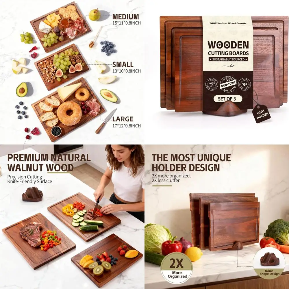 

3-Piece Walnut Wood Cutting Board Set with Holder, Large to Small, Deep Juice Grooves, Non-Toxic, Ideal Mother's Day Gift