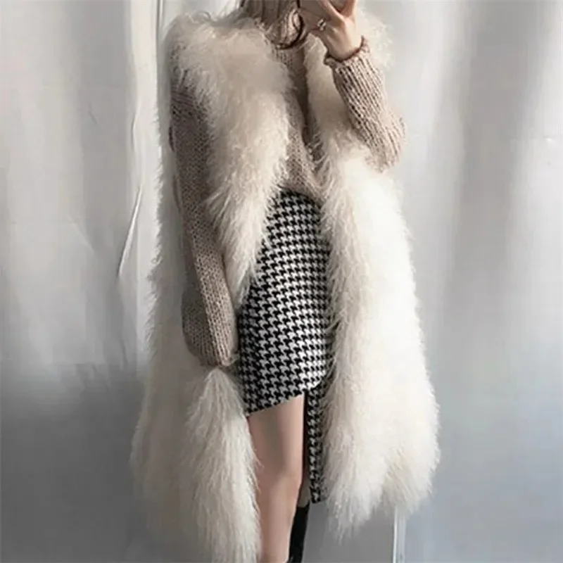 

Korean Fashion Faux Fur Coat Autumn Winter Solid Color Sleeveless Gilet Cardigan Waistcoat V-neck Long Vest Jacket Women