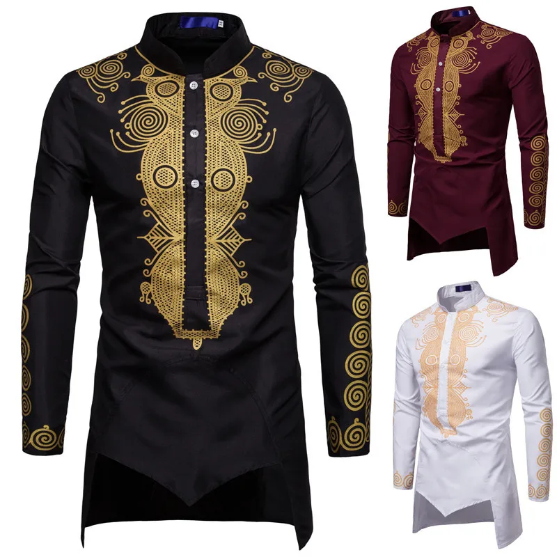 

Mid Length Men's Shirt Muslim Men's Clothing Gilded Printed Standing Collar Black White Red Shirt High Quality Men's Clothing