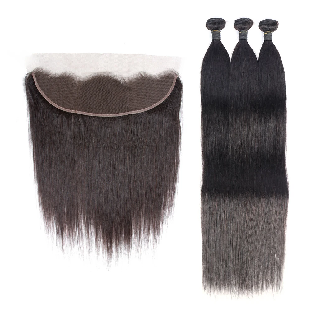 Rechte Human Hair Bundels Met 13X4 Transparant Lace Frontale Braziliaanse Weving 3 Bundels Met Sluiting Voor Vrouwen Extensions