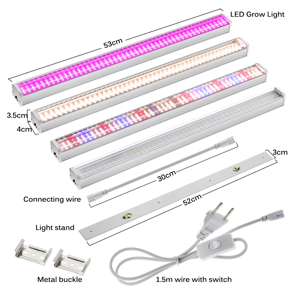 4pcs LED Grow Light 100-265V 53cm Full Spectrum LED Bar Light IP65 Waterproof Phytolamp For Plants Greenhouse Tent Plant Light