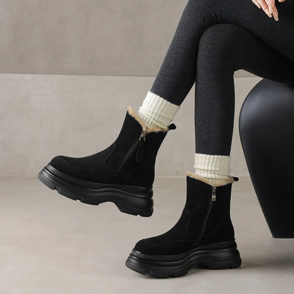 2026 New Fur Platform Women Ankle Boots Flats Suede Warm Shoes Woman Trend Designer Brand Short Plush Cozy Femme Snow Botas