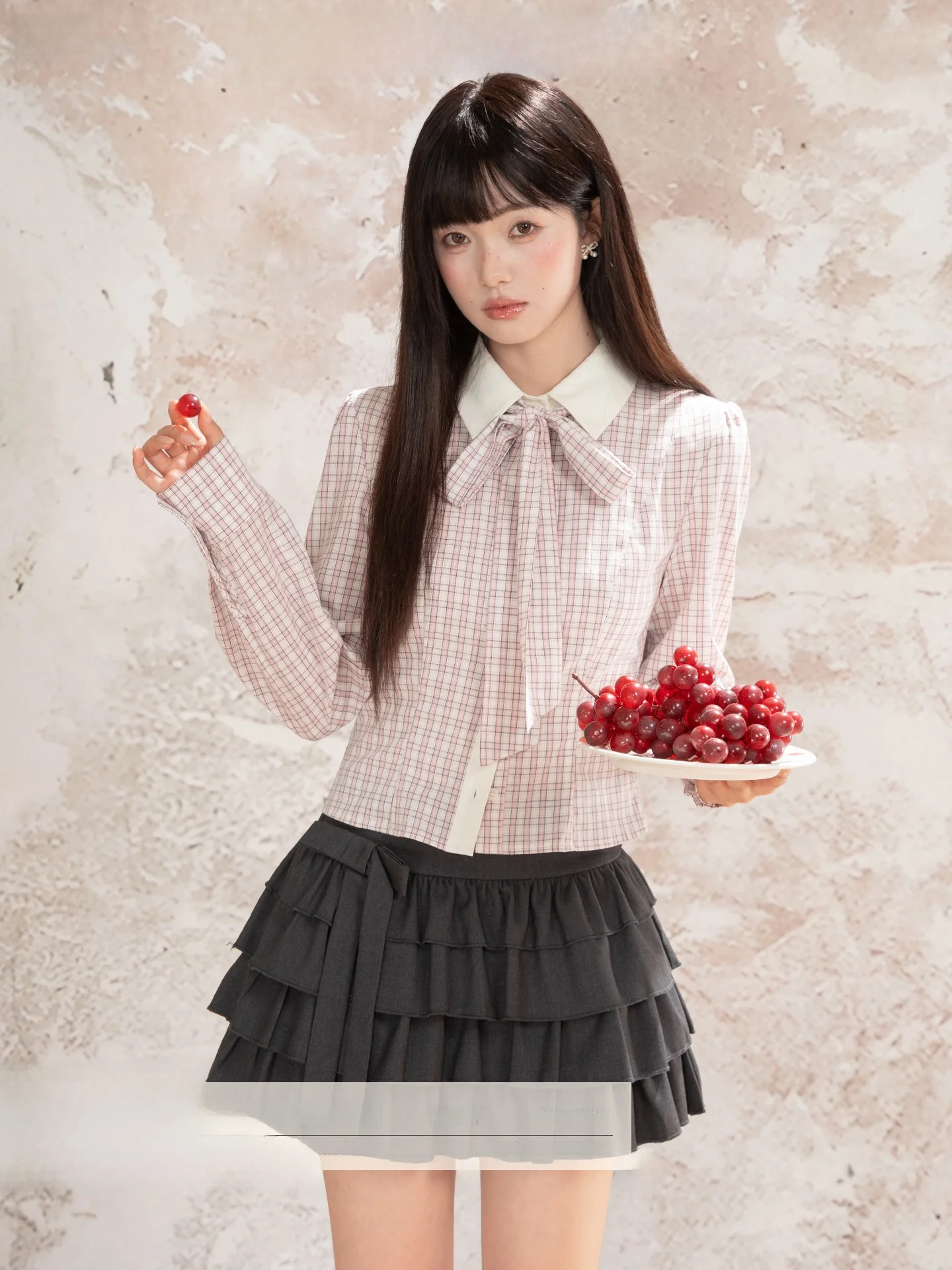 

Loveheynew Sweet Sister Pink Plaid Collar Bowtie irt Женская осенняя молодежная блузка премиум-класса из высококачественных материалов