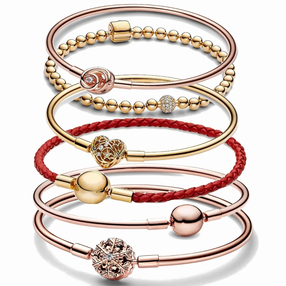 

925 Sterling Silver 1719 21cm Gold Plated Heart-Shaped Snowflake Love Luxury Pendant Bracelet For DIY Bead Charms Women Jewelry