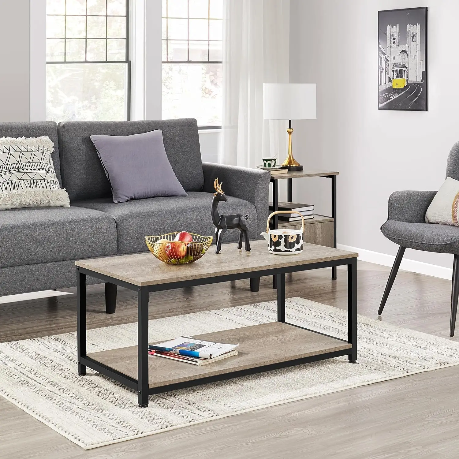 Coffee Table with Storage Shelve, Industrial Gray Coffee Table, Easy Assembly, Wooden Coffee Table for Living Room, Gray