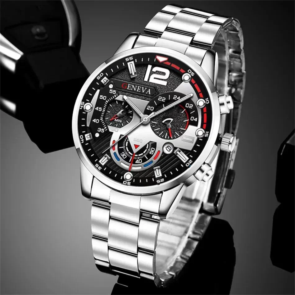 3PCS Set Fashion Mens Business Watches Men Casual Silver Bracelet Necklace Stainless Steel Quartz Wrist Watch Relogio Masculino