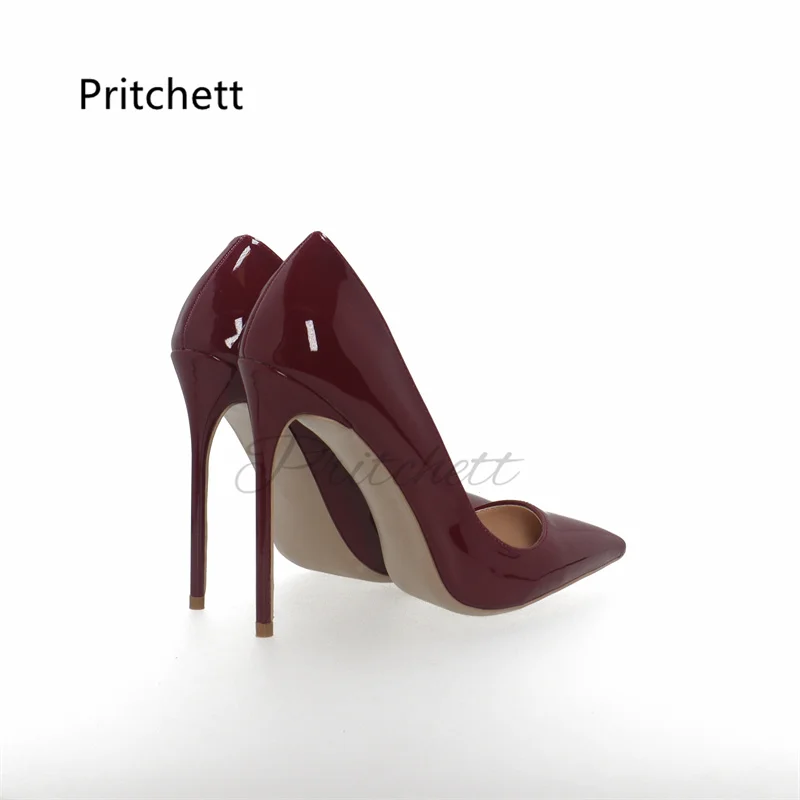 Wine Red Patent Leather High Heels Pointed Toe Shallow Stiletto Women's Pumps Dress Party Office Wedding Shoes 8/10/12 Cm