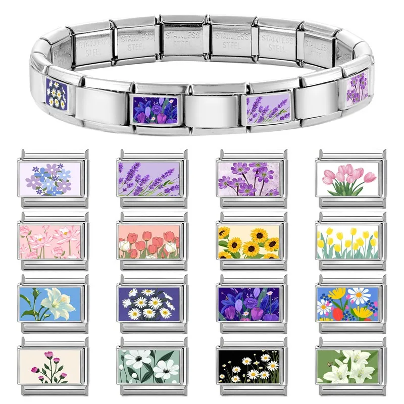 2025 Women's New Fashion Romantic Flower Purple Flower Hyacinth Italian Charms Fit 9mm Stainless Steel Bracelet DIY Jewelry Gift image 3