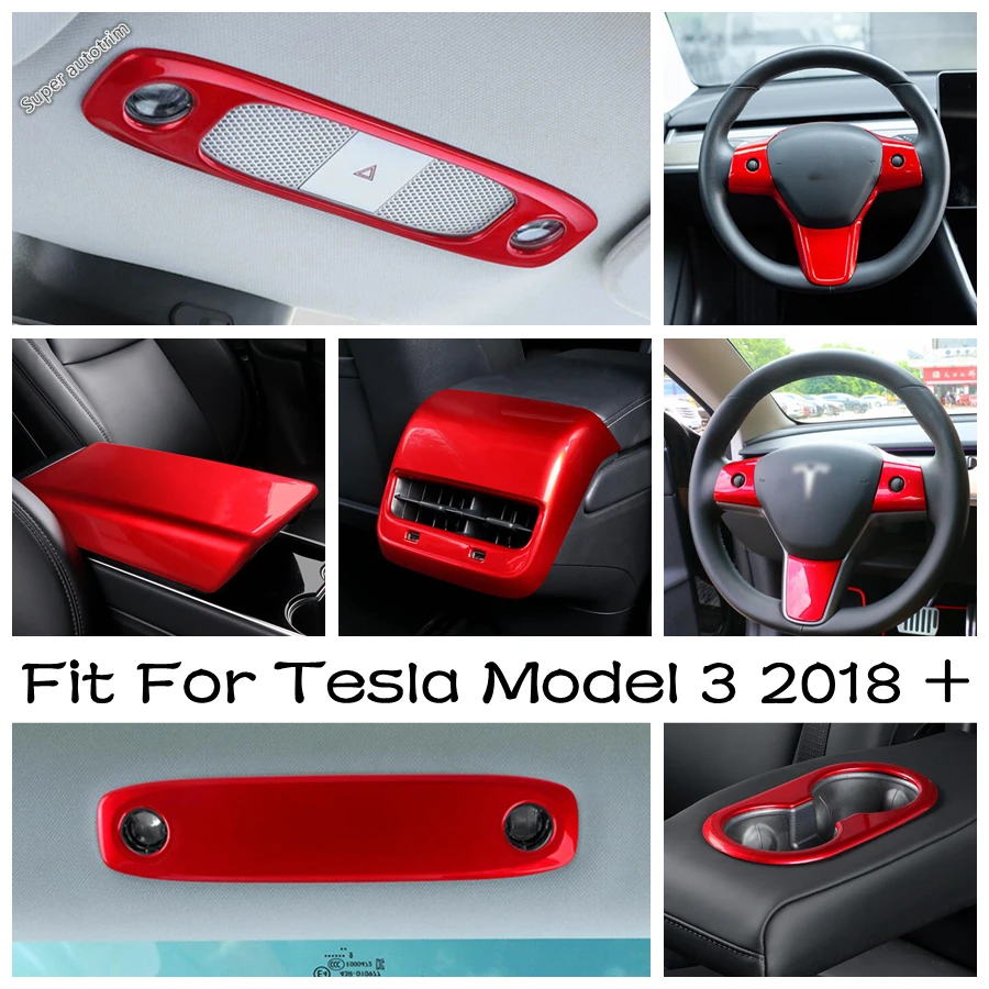 

Water Cup Holder / Steering Wheel / Roof Read Light / Rear Box Air Vent Trim Red Accessories Fit For Tesla Model 3 2018 - 2021