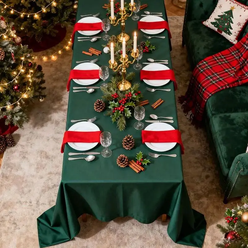 2026 New Christmas Green Rectangular Tablecloth – Premium Waterproof Stain-Resistant Long Table Cover for Festive Atmosphere