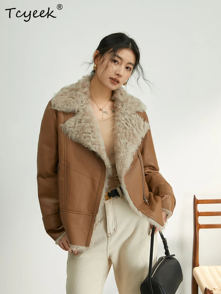 Tcyeek Prawdziwa Wełna Jesień Zima Elegancki Modny Jednolity Kolor Płaszcz Damski Średniej Długości z Wełny Jagnięcej Futro Shearling Fourrures Femme