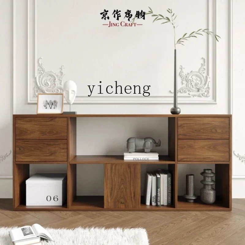 YFY  short cabinet, solid wood bookcase, black walnut short bookshelf, wall lattice cabinet, floor sofa shelf.