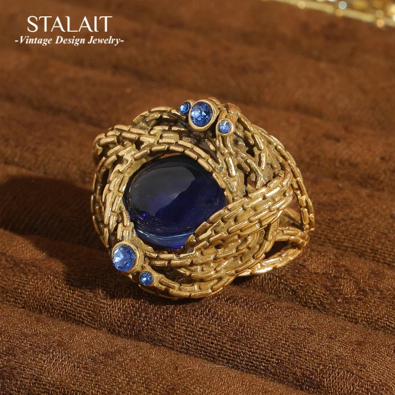 

Vintage Ring Blue Sapphire Water Drop Natural Stone Antique Gold Color Crystal Tree Pattern Wrapped Retro Luxury Quality Jewelry