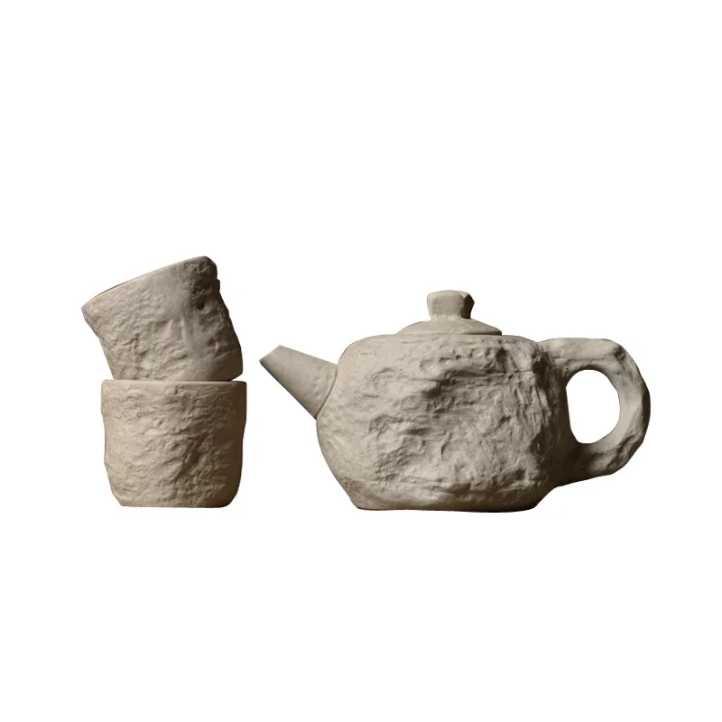 Hard stone imitation stone teapot teacup One Teapot two teacups rock mud rough pottery handmade ceramic tea set tea pot set