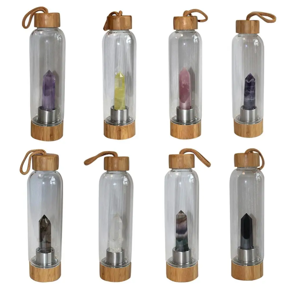 Natural Crystal Column Gemstone Energy Healing Glass Water Bottle Cup Drinkware