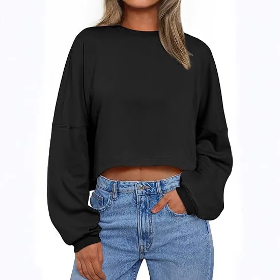2025 New Long Sleeve Navel-Exposed Round Neck Sweatshirt Women's Short Sports Bottoming T-shirt Knitted Sweater Long Sleeve Top