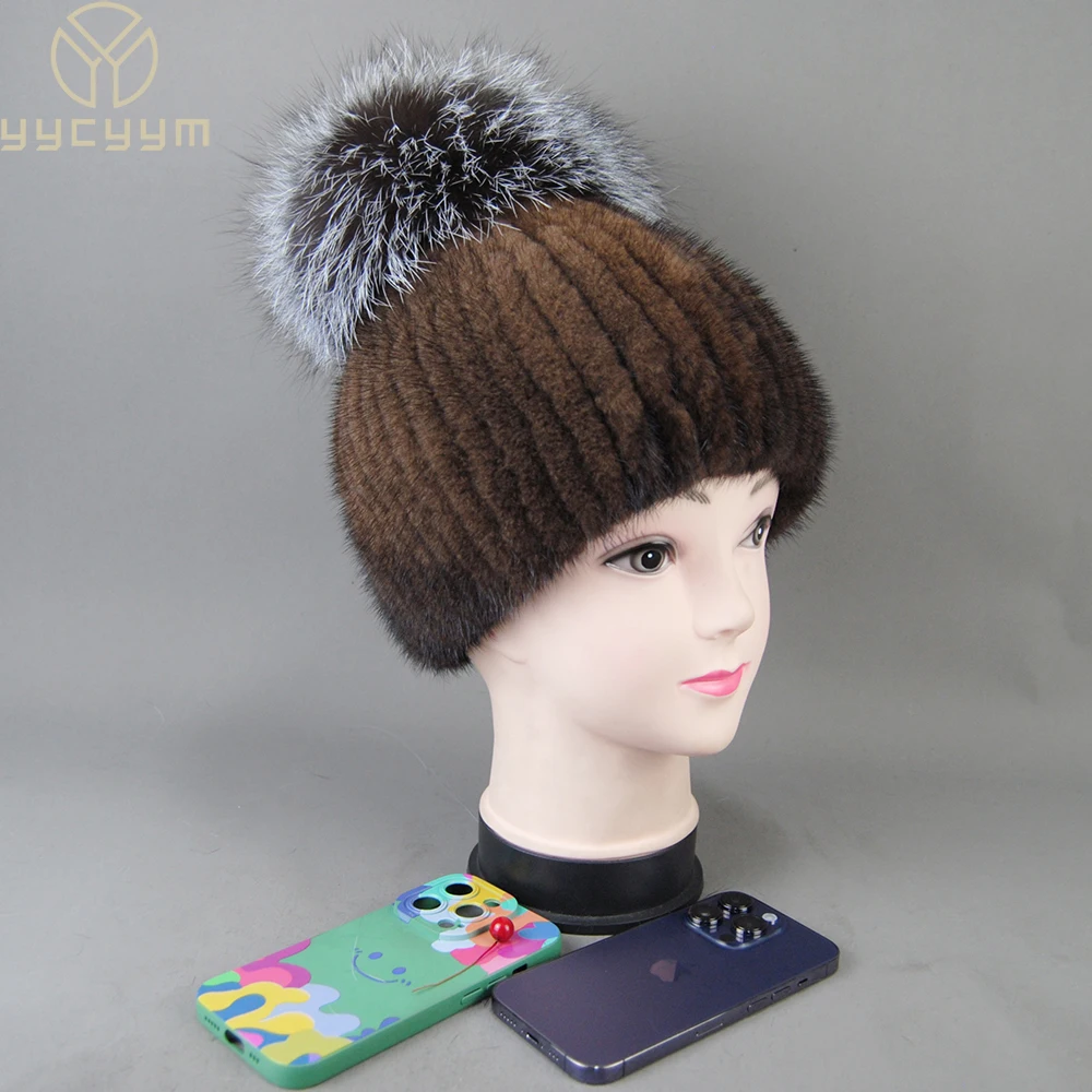 

Real Mink Fur Hat For Women New Brand Thicken Female Fur Caps Ladies Winter Knitted Mink Fur Beanies With Fox Fur Pompoms Hat