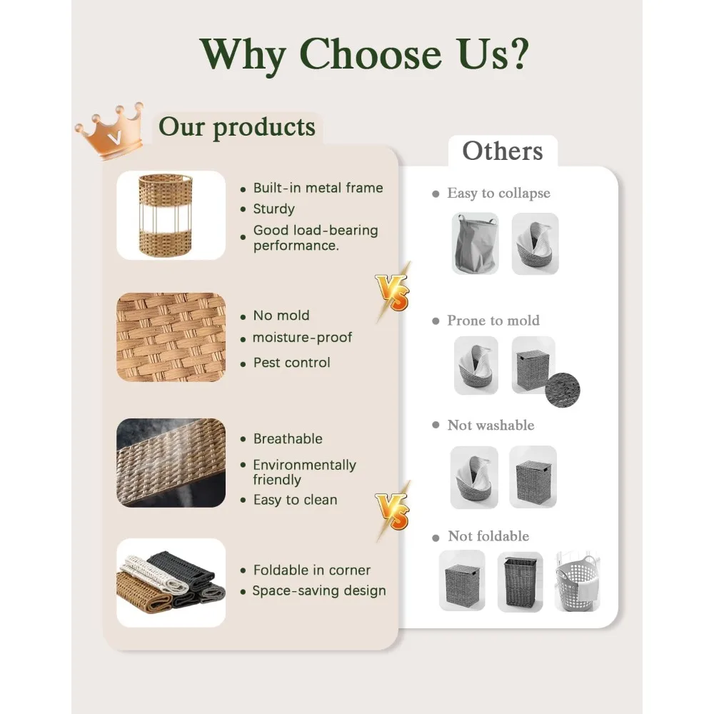 سلة غسيل كبيرة مستديرة من الخيزران مع بطانة قابلة للإزالة - سلة الروطان المنسوجة يدويًا لتخزين الغسيل المنزلي