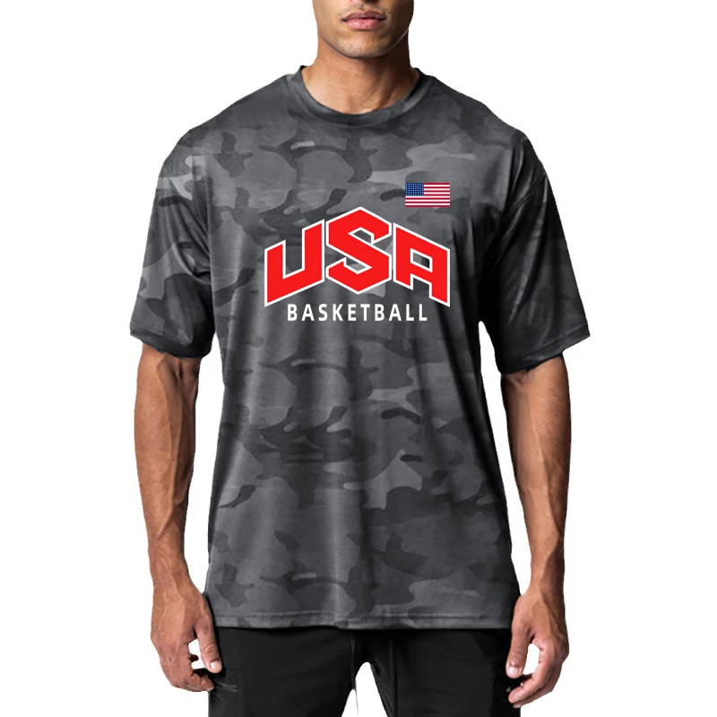 USA und Flagge der Vereinigten Staaten Basketball Sport Halbarm T-Shirts Mode Tarnung übergroße fallen Schultern T-Shirt