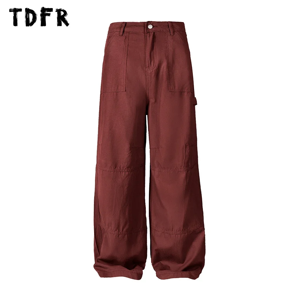 Solid Color Spliced Carpenter Pant Mens Pocket Retro Streetwear Loose Straight Wide Leg Cargo Trousers Men