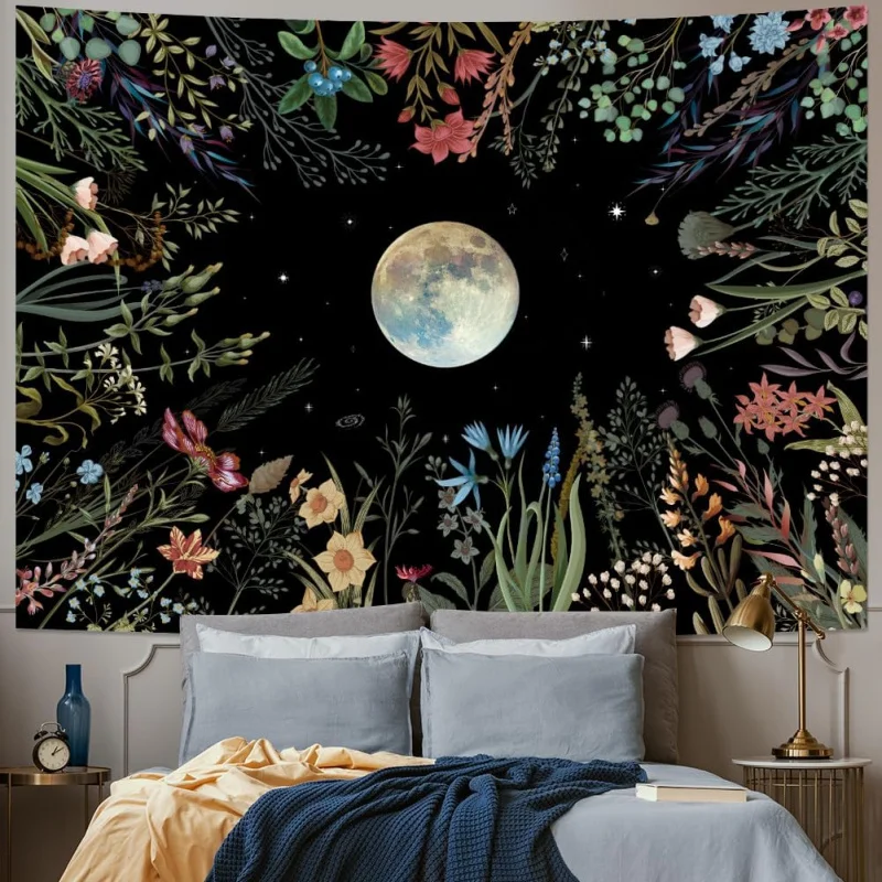 VIKAMA Mondlicht-Garten-Wandteppich, Mond-Wandteppich im Bohemian-Stil, Blumen-Wandteppich, Bunter Pflanzen-Wandteppich, Schwarze Wandbehänge