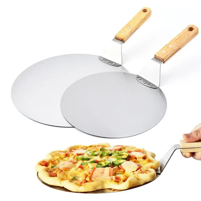 New Pizza Shovel Pastry Tools Accessories Pizza Peel Round Stainless Steel Non-stick Pizza Paddle Spatula With Oak Wooden Handle