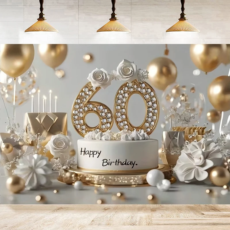 An Elegant 60th Anniversary Birthday Background Featuring Golden Balloons White Roses A Decor Cake And A Glittering 