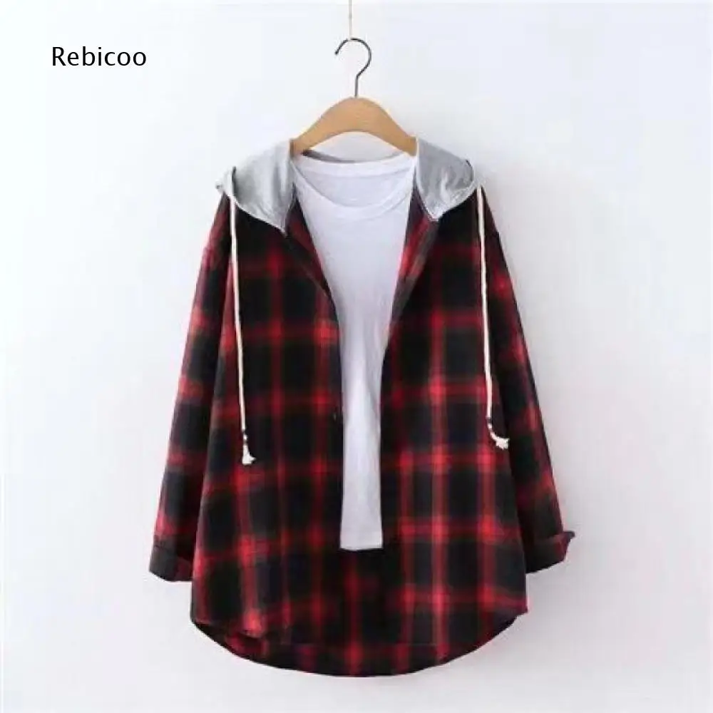 Ladies Long Sleeve Plaid Hooded Top Drawstring Hood Design Loose Fit Button Front Plaid Shirt Casual All Season Outer Blouse