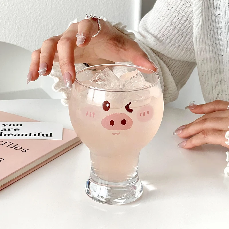 

Cute Animal Glass Mug 450ml, Heat Resistant Drinkware for Milk Juice Beer, Home Office Ceramic Coated Cup with Handle
