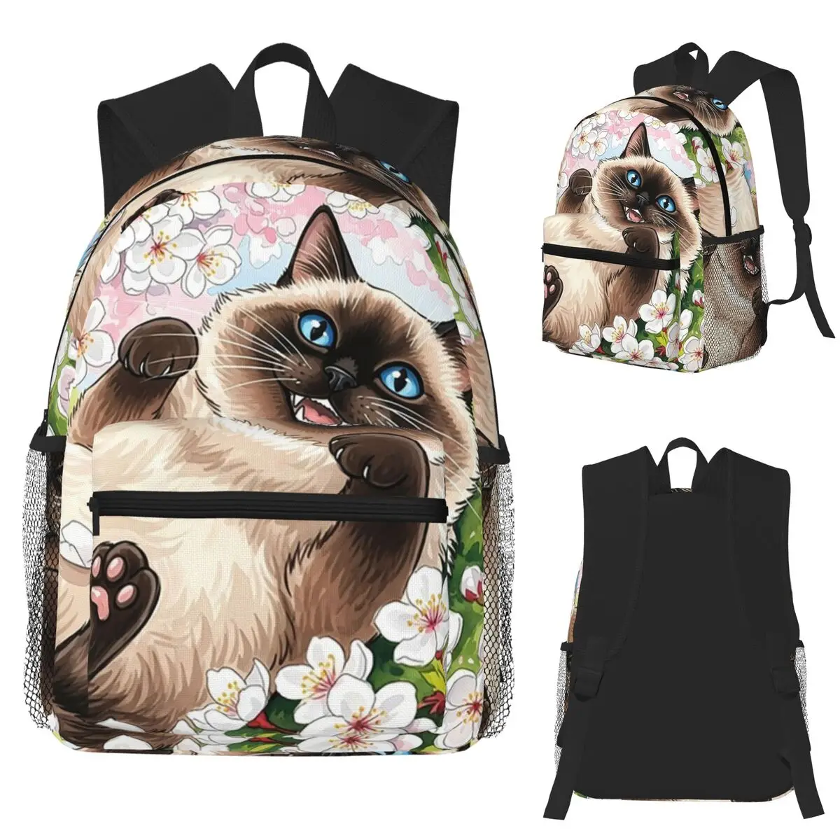 

Chubby Siamese Cat Lounging Under Cherry Blossoms Student Backpack School Bag Hiking Travel Daypack Bookbag Shoulder Bags