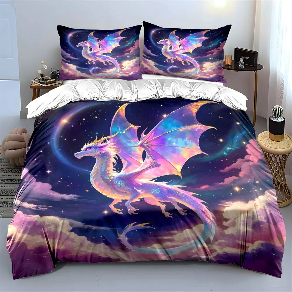 Starry-Sky Soaring Colorful Dragon Print Bedding Set 1 Duvet Cover 2 Pillowcases for Adult and Children Luxury Gift Full Size