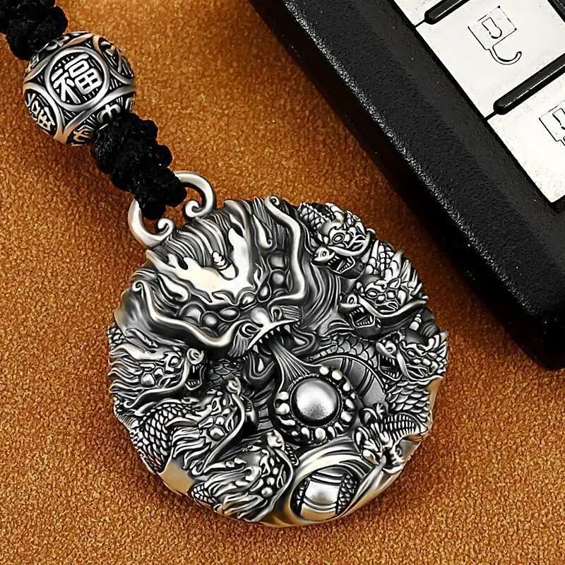 

S999 Pure Silver Nine Dragons Playing with a Pearl Key Chain Customization Necklace Vintage Faucet Advanced Car Pendant