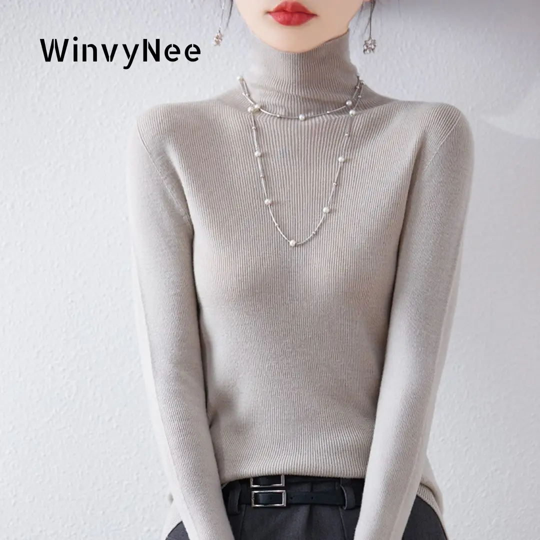 

WinvyNee 100% Worsted Wool First-Line Ribbed Turtleneck Jumper Casual Loose Fit Outdoor Daily Warm Girls Basic Knit Top A1497003