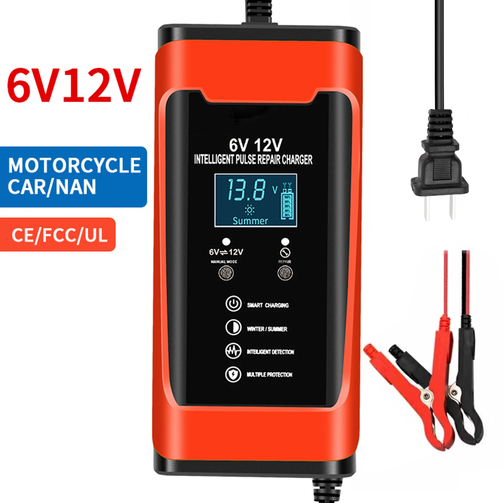 

6V 12V Intelligent Pulse Repair Charger LCD Multiple Protection/Flame-retardant Housing Lead Acid Motorcycle Car Battery Charger
