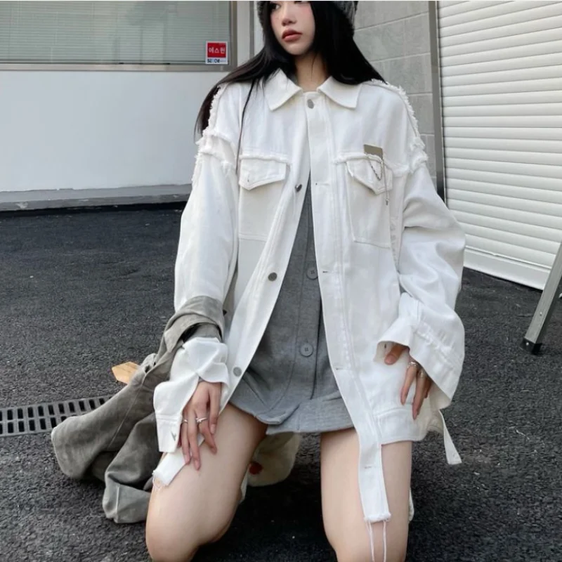 Women's Loose Casual Street Style Denim Jacket Rough Edge Spring Summer Thin Jeans Coat Fashion Outwear for Couples