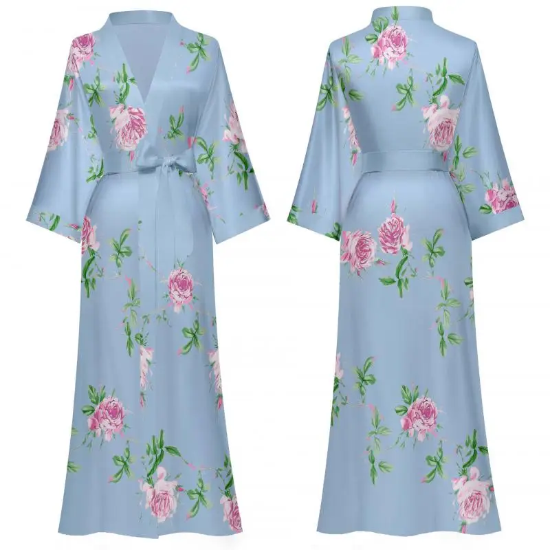 

Flower Print Long Robe Women's Large Size Half Sleeve Kimono Bathrobe Sleepwear Silky Satin Homewear Loungewear Dressing Gown