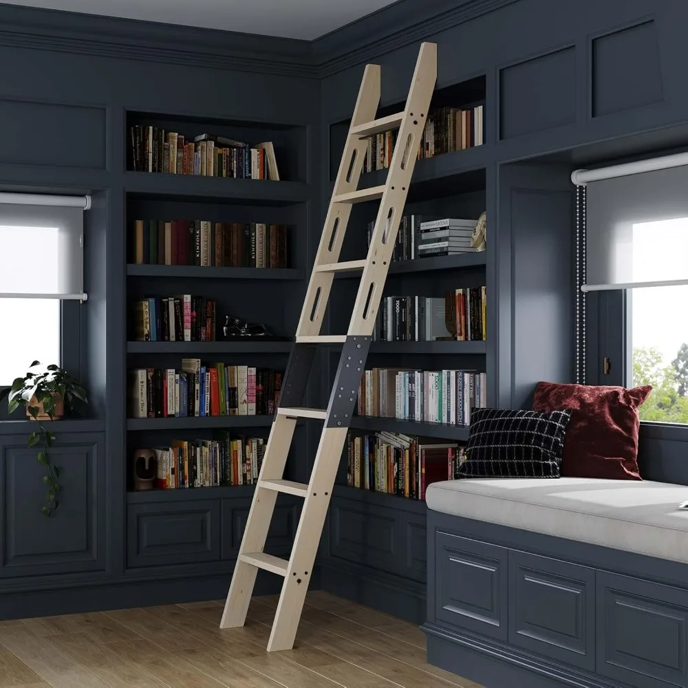 Escalera de madera de 8 pies con pasamanos incorporado, multiusos para escaleras tipo Loft, estantería biblioteca, cocina, taller, madera maciza de abeto, Eas