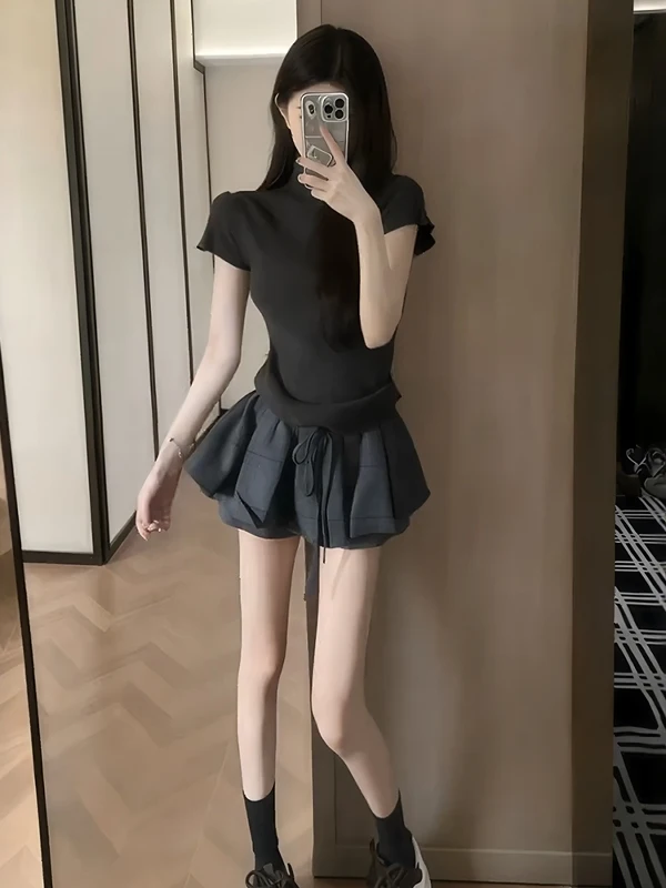 

Модный корейский комплект из двух предметов: женский летний топ с коротким рукавом и юбка А-силуэта с высокой талией, повседневный универсальный наряд