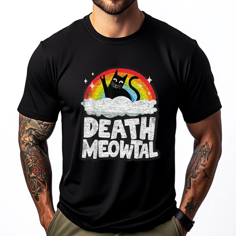 

Death Meowtal Cat Rainbow Goth Funny T Shirts Men Cheap Easter Day Valentine's Day Gift T-Shirts Men