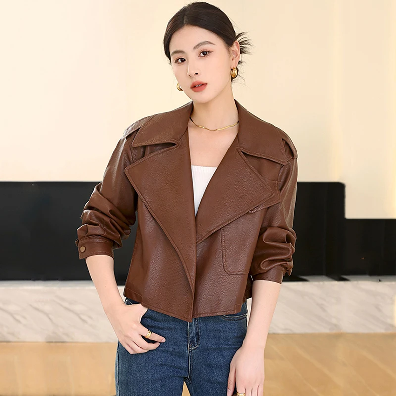 New Women Spring Autumn Short Leather Jacket Fashion Big Turn-down Collar Loose Sheepskin Jacket Split Leather Casual Streetwear