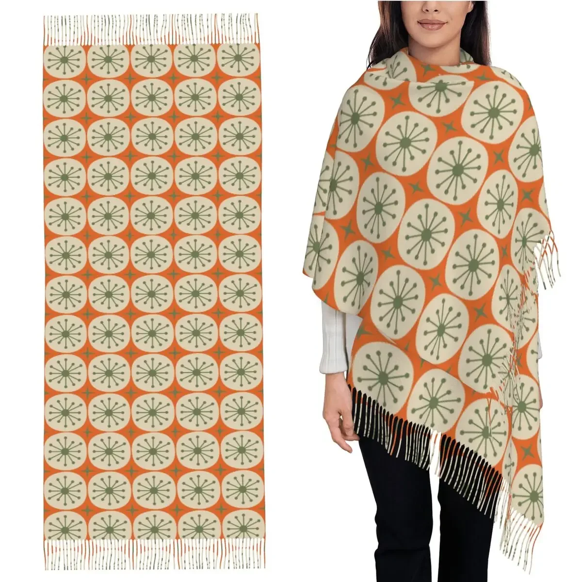 

Современные атомные точки и звезды середины века, оливково-зеленые бежевые шарфы для женщин, шали и накидки, длинная осенне-зимняя шаль