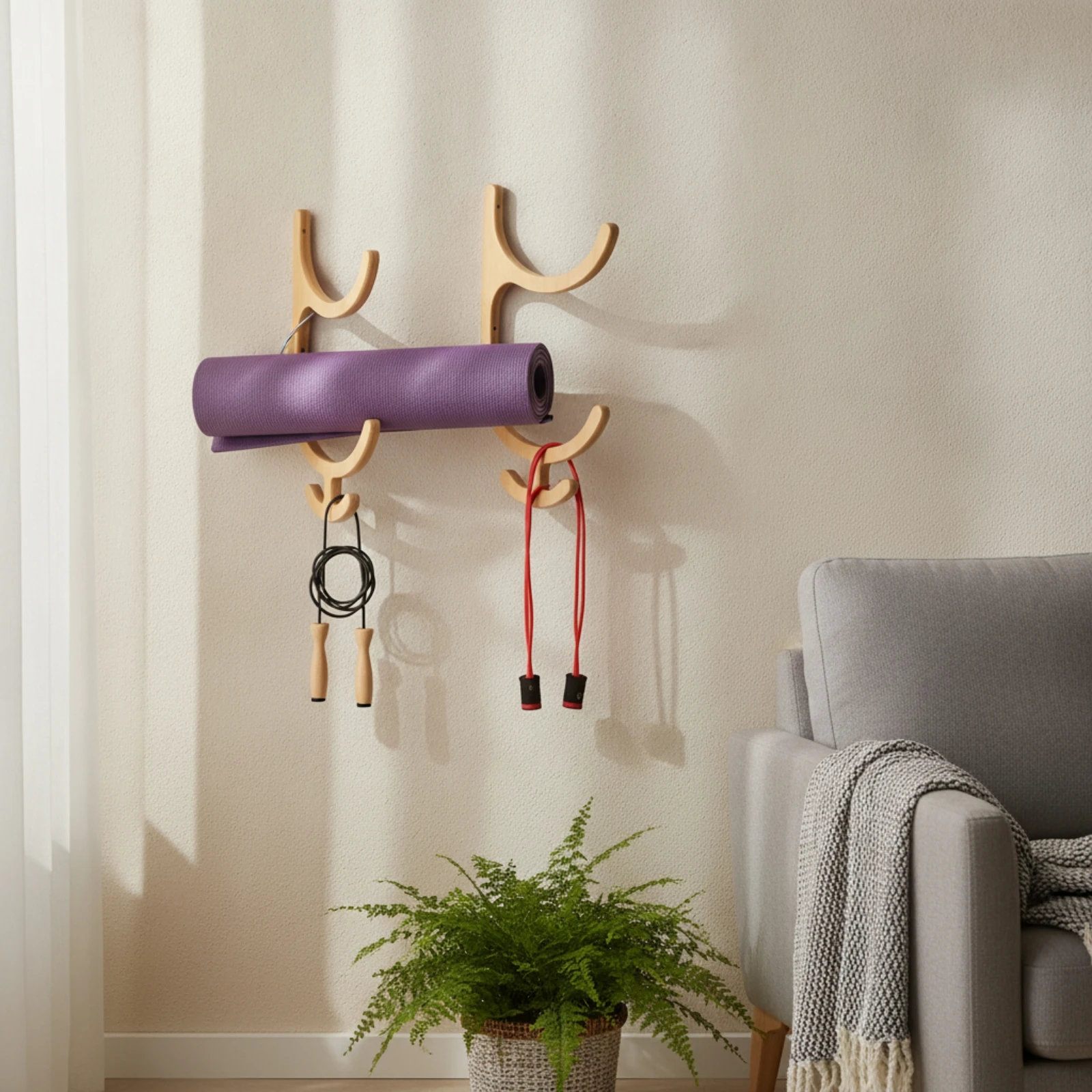 Fitness Mat Rack with Hooks Wooden Fitness Mat Holder with Hooks Gym Accessory Organizer Space-Saving Easy to Install for Yogi view 4