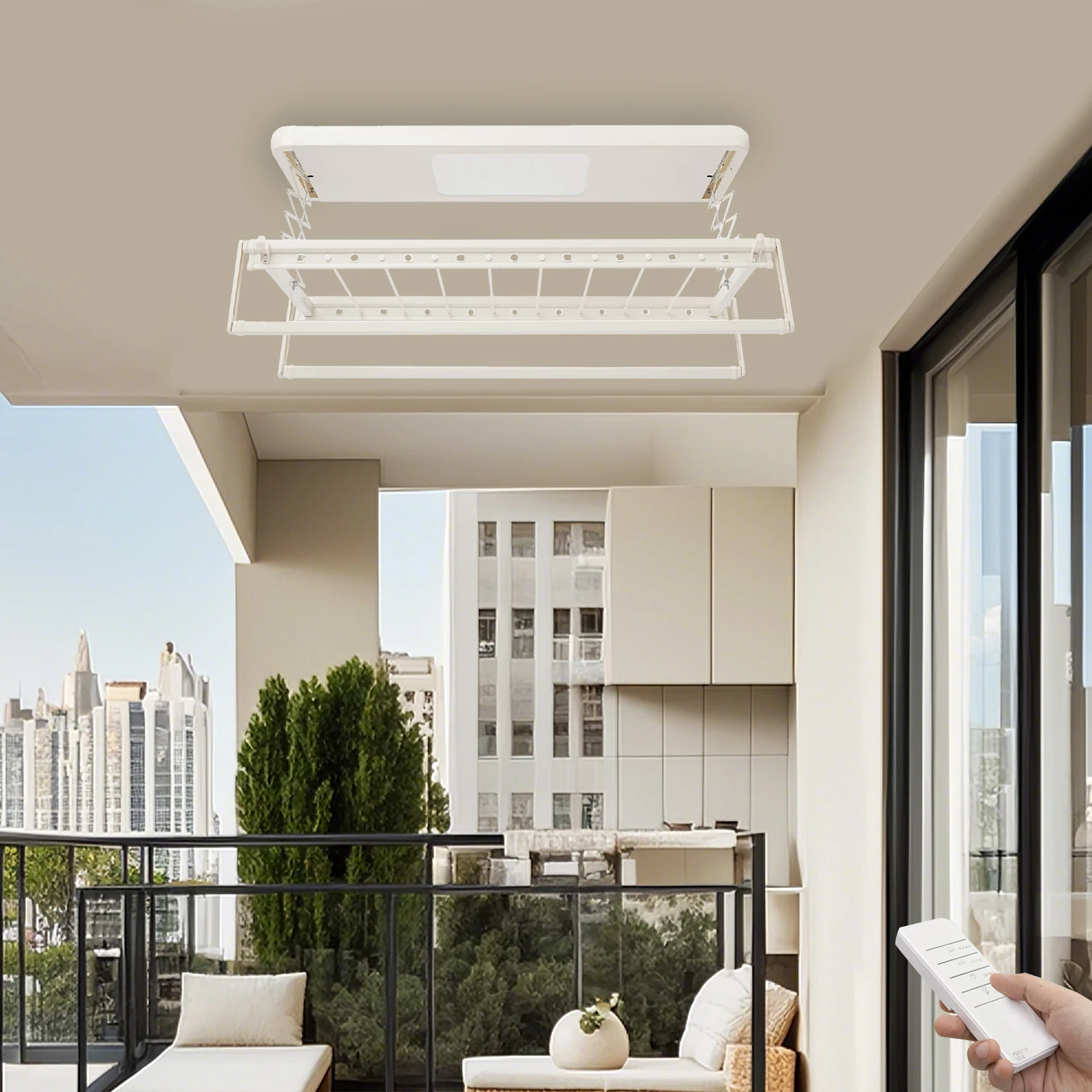 Off-White elektrisch ausziehbares Wäschegestell mit 77,16 Pfund Tragkraft, LED-Beleuchtung, Fernbedienung für Balkon und Waschküche