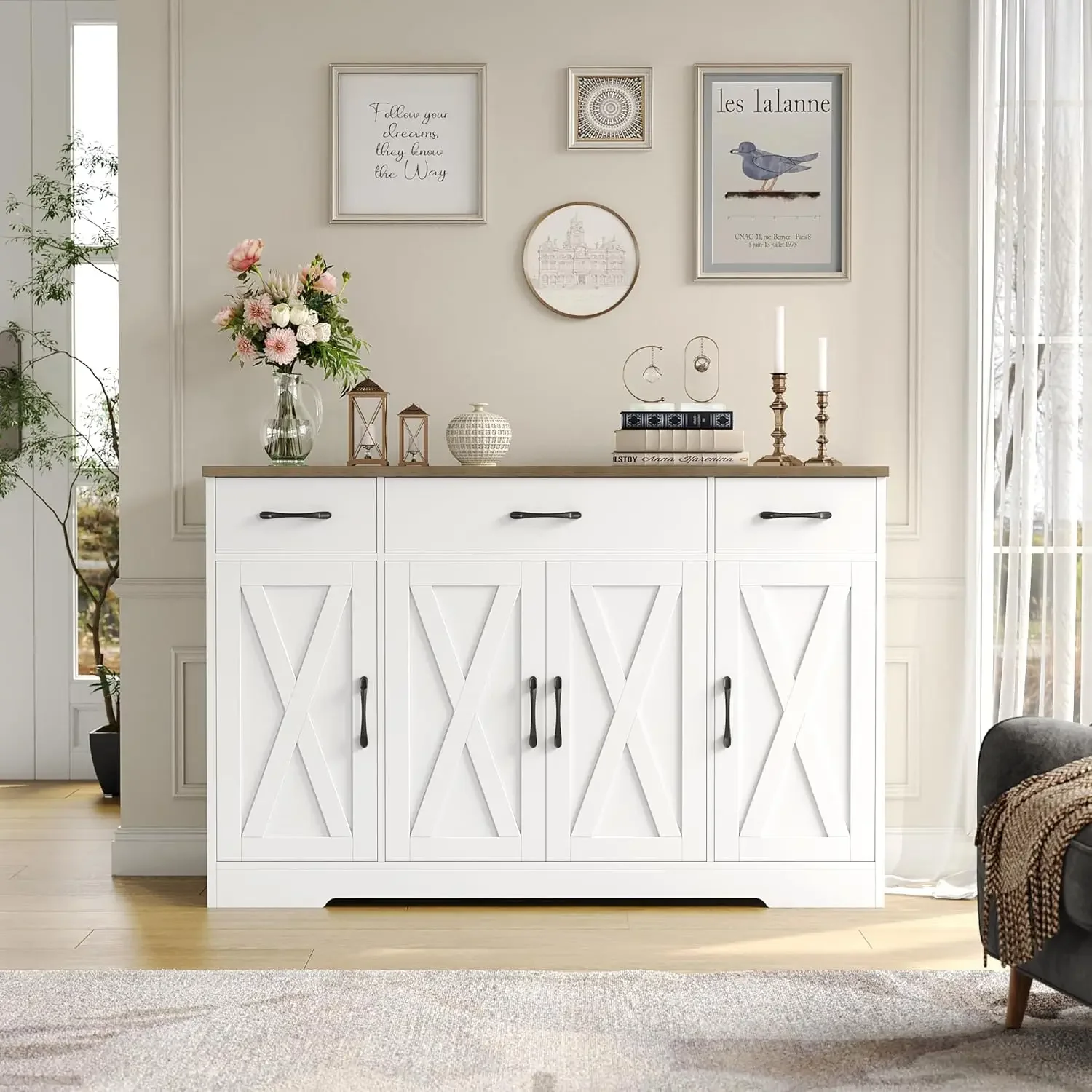 HOSTACK Mueble buffet con cajones, aparador grande de 55 pulgadas, mueble de almacenamiento para buffet con estantes y puertas, café moderno de granja