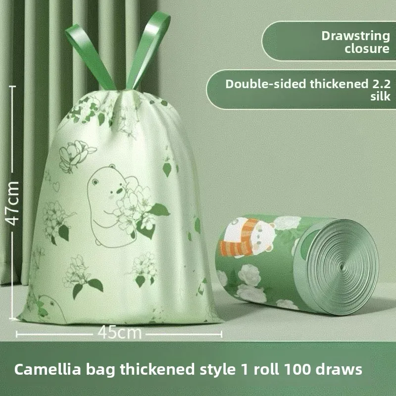 Extra Thick Camellia Print Trash Bags No Tear Drawstring Handles Heavy Duty Garbage Bags for Home Office Kitchen Waste Disposal