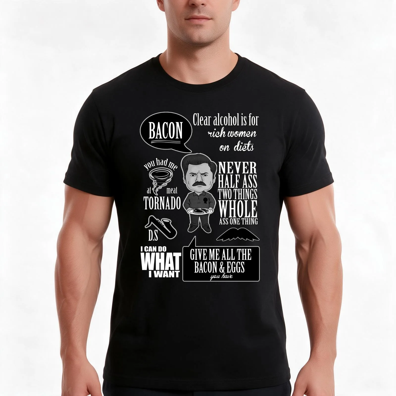 Ron Swanson Montage T-Shirt, Summer Casual Cotton Tee, Oversized Streetwear Tops, Vintage Graphic Print, Loose Fit Short Sleeve