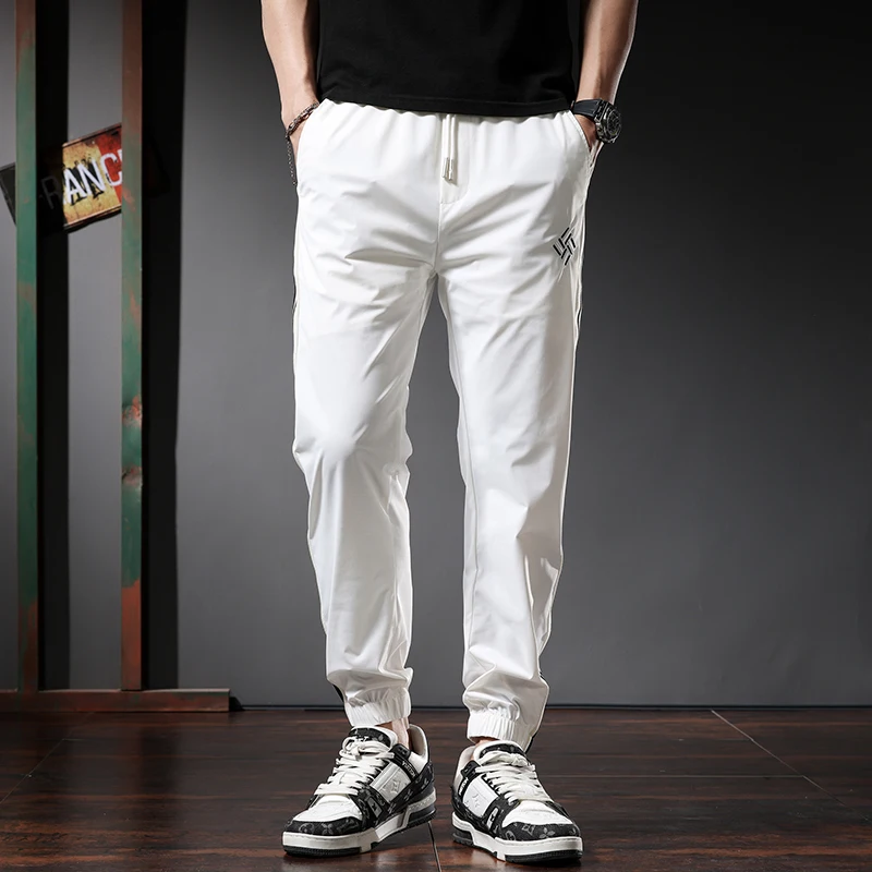 

Men's Ice Silk Casual Pants Summer Lightweight Soft Stretch Breathable Sports Fast Drying and Ankle Jogging Pants Men